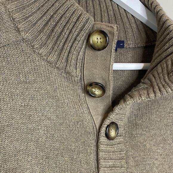 J. Crew Factory Heavyweight Cotton Mock Neck Sweater Tan Men Large Button Panel - Picture 7 of 8